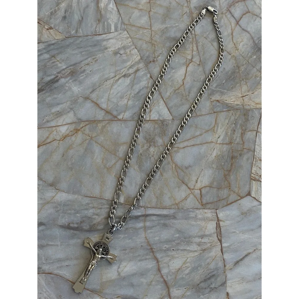 Silver Tone St Benedict Crucifix Pendant Necklace Figaro Chain Religious Jewelry